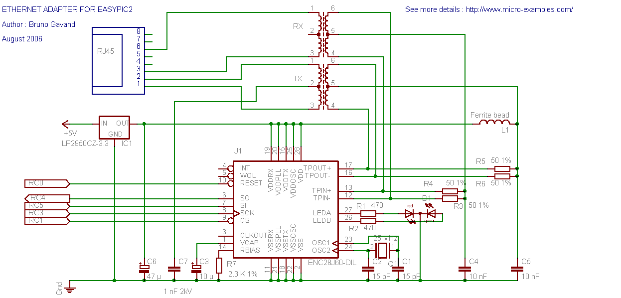 EasyPic2 Ethernet adapter circuit schematic
